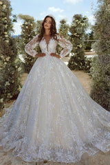 Beautiful A-line V-neck Lace Appliques Tulle Wedding Dress With Long Sleeves-BMbride.com