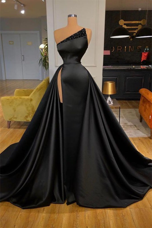 Beautiful Black A-line Satin Sleeveless Sequined Prom Dress With Slit-BMbride.com