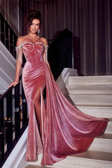 Beautiful Dusty Rose Off-the-shoulder Glitter Mermaid Prom Dress With Slit-BMbride.com