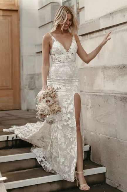 Beautiful Floral Lace Mermaid Sleeveless V-Neck Side Slit Wedding Dress-BMbride.com