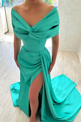 Beautiful Long A-line Off-the-shoulder Prom Dress With Slit-BMbride.com