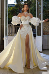 Beautiful Long A-Line Sleeveless Strapless Satin Wedding Dresses With Applique-BMbride.com