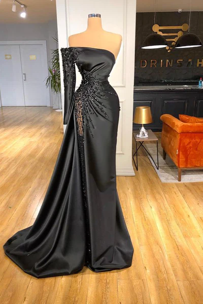 Beautiful Long Black Off-the-shoulder Beading Prom Dress With Long Sleeve-BMbride.com