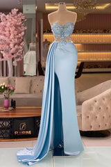 Beautiful Long Blue Mermaid Sleeveless Beading Prom Dress With Slit-BMbride.com