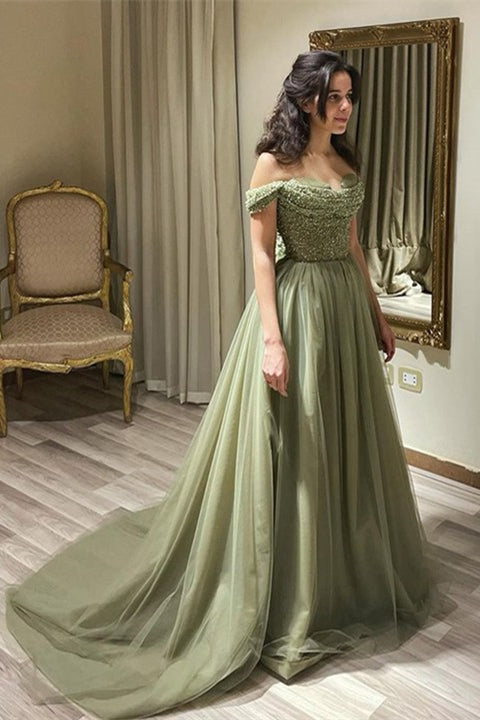 Beautiful Long Green A-line Off-the-shoulder Sequined Beading Prom Dress-BMbride.com