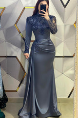 Beautiful Long Mermaid High Neck Sequined Prom Dress With Long Sleeves-BMbride.com