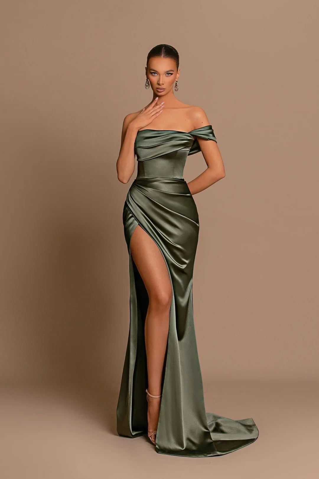 Beautiful Long Mermaid Off-the-shoulder Satin Prom Dress With Slit-BMbride.com