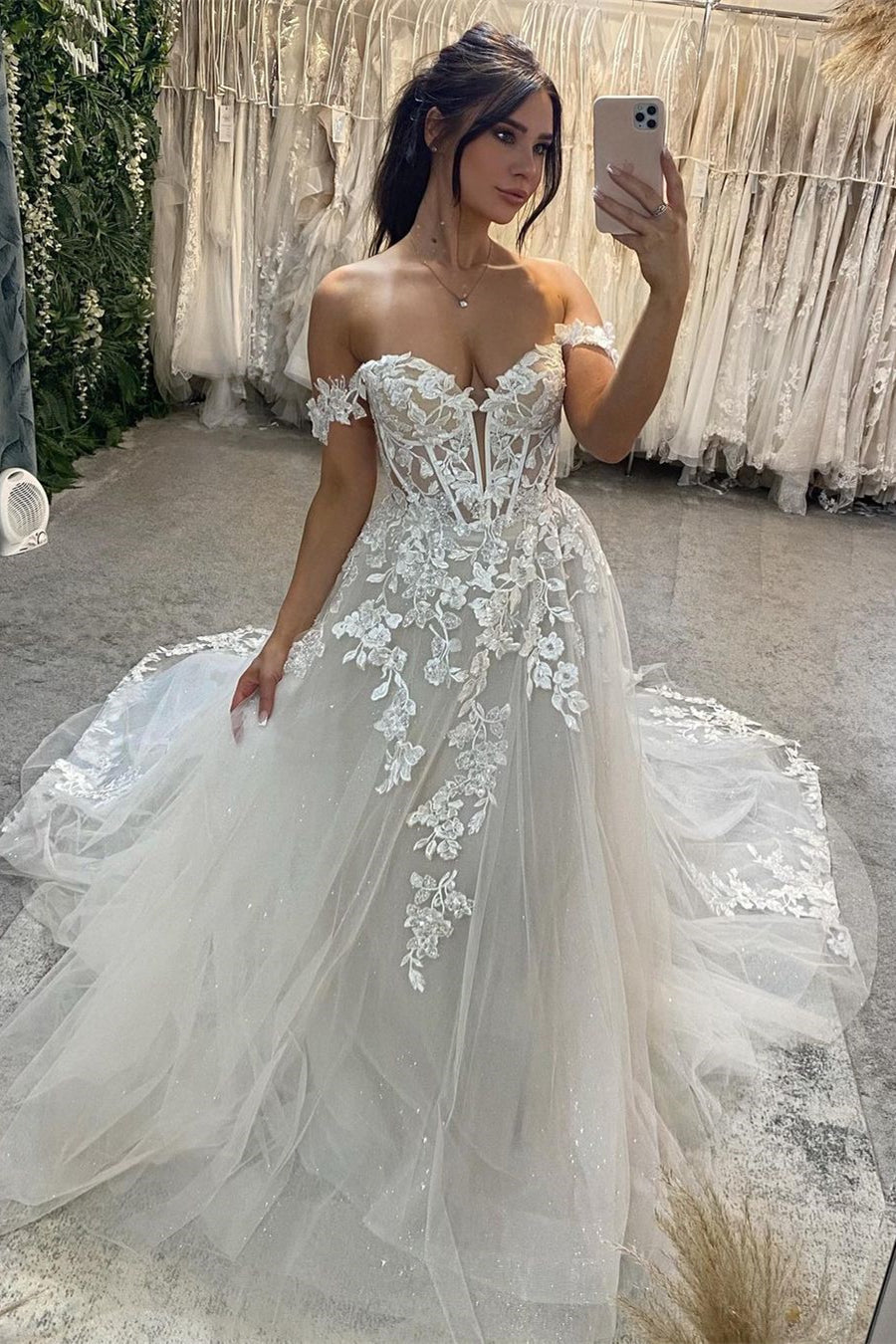 Beautiful Long Off-the-shoulder A-line Appliques Wedding Dress With Train-BMbride.com