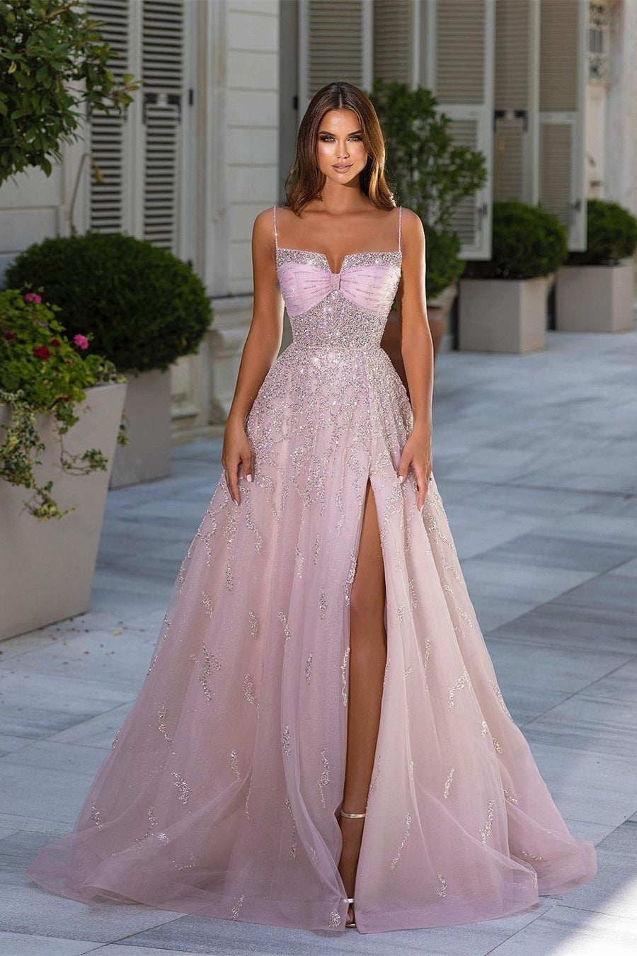 Beautiful Long Pink A-line Sequined Tulle Prom Dress With Slit-BMbride.com