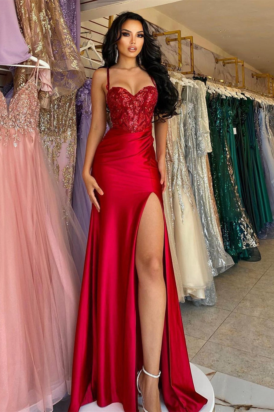 Beautiful Long Red Spaghetti Straps Sequined Lace Sleeveless Prom Dress With Slit-BMbride.com