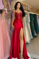 Beautiful Long Red Spaghetti Straps Sequined Lace Sleeveless Prom Dress With Slit-BMbride.com