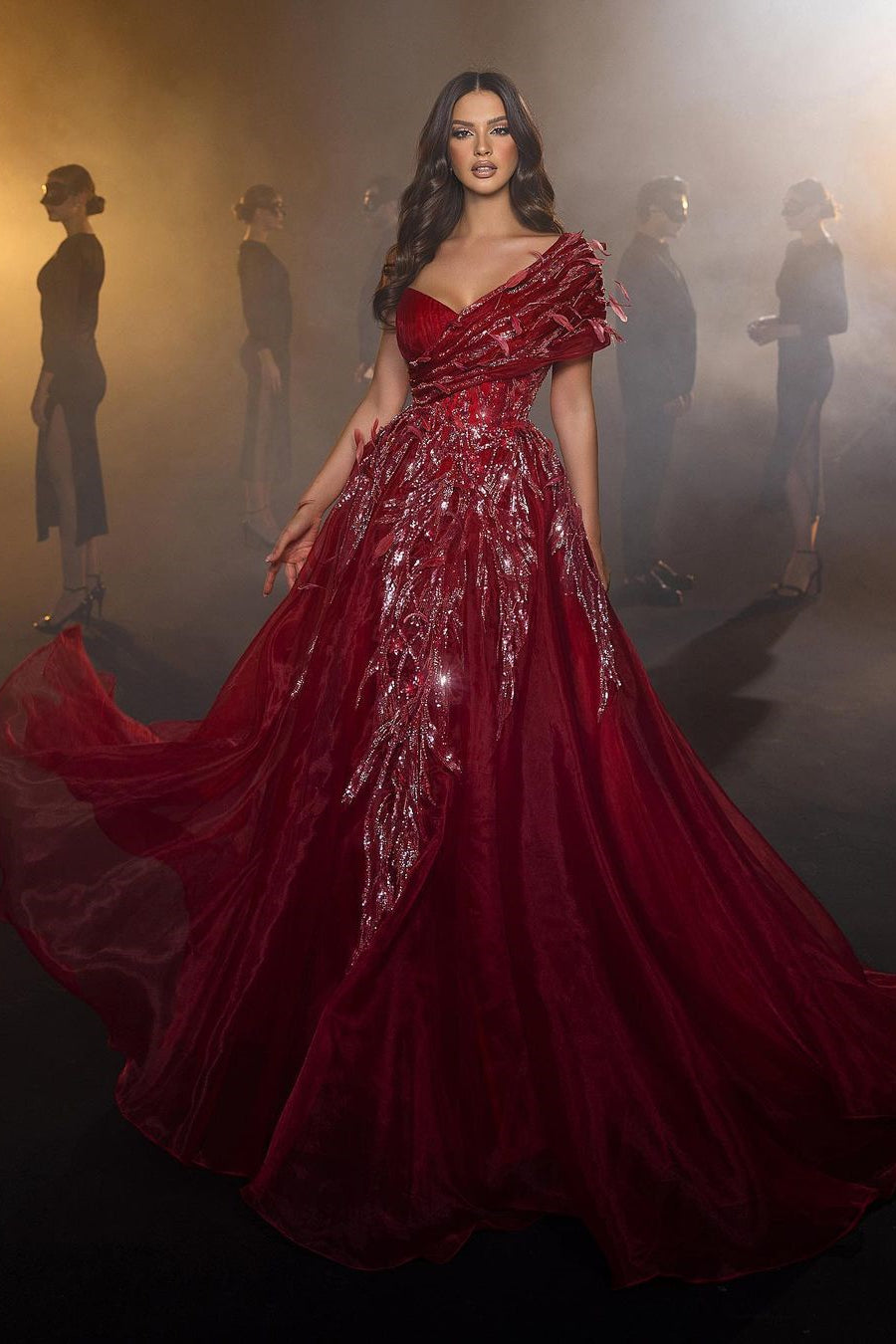 Beautiful Long Red Sweetheart A-line Prom Dress With Feather-BMbride.com