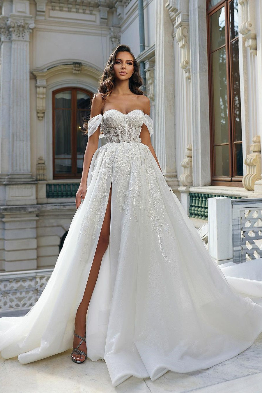 Beautiful Long White A-line Off-the-shoulder Lace Flowers Wedding Dress With Slit-BMbride.com