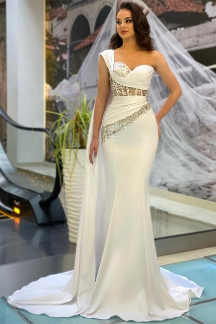 Beautiful Long White One Shoulder Sleeveless Mermaid Evening Dresses With Glitter-BMbride.com