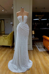 Beautiful Long White V-neck Sleeveless Sequined Mermaid Prom Dress-BMbride.com