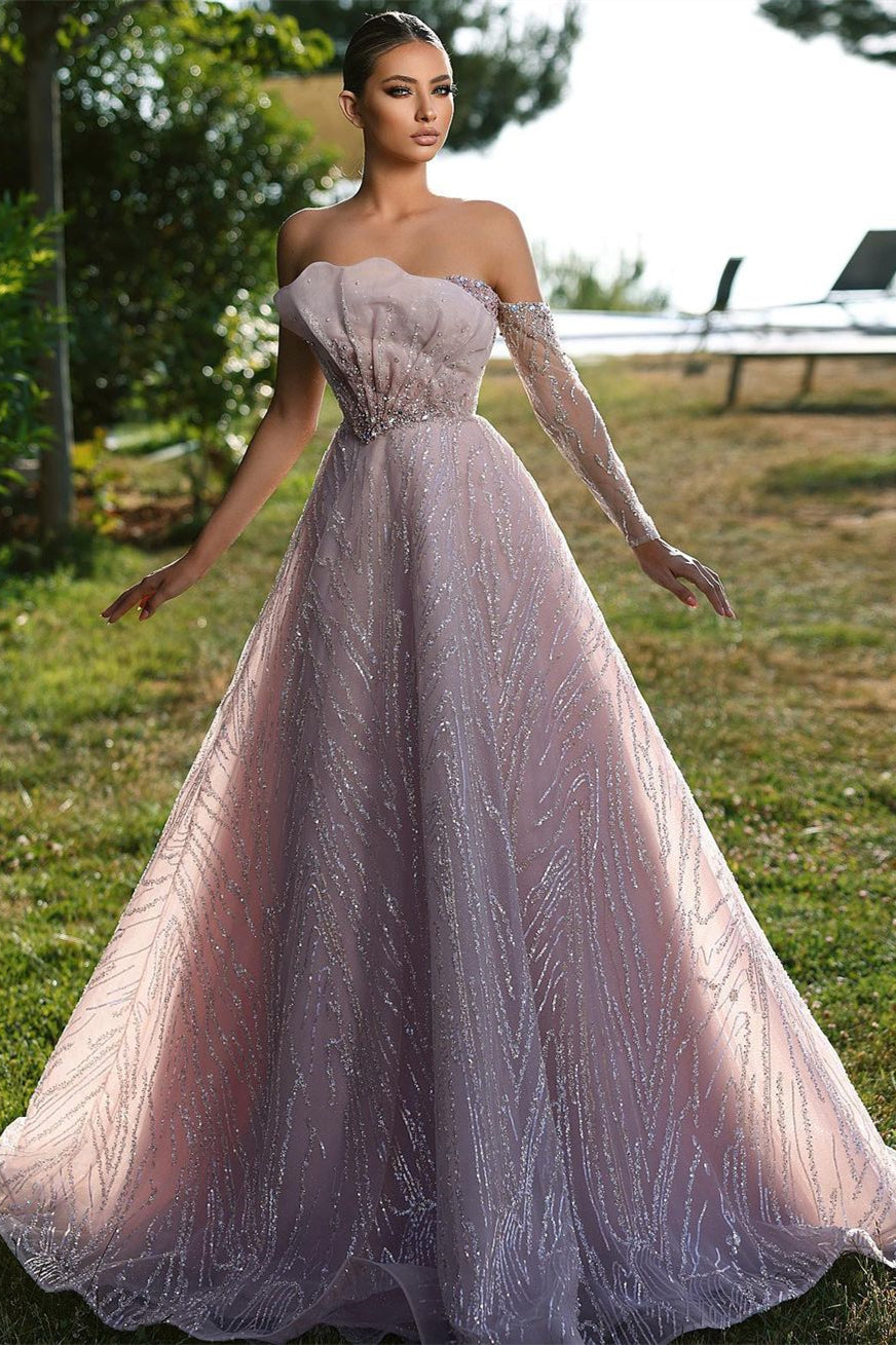 Beautiful Off-the-shoulder Long Sleeve A-line Prom Dress With Ruffles-BMbride.com