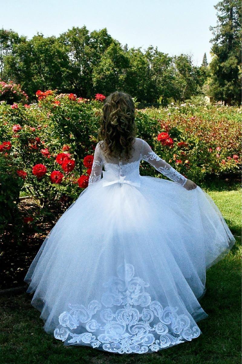 Beautiful Puffy Beaded Flower Girls Dresses With Long Sleeves-BMbride.com