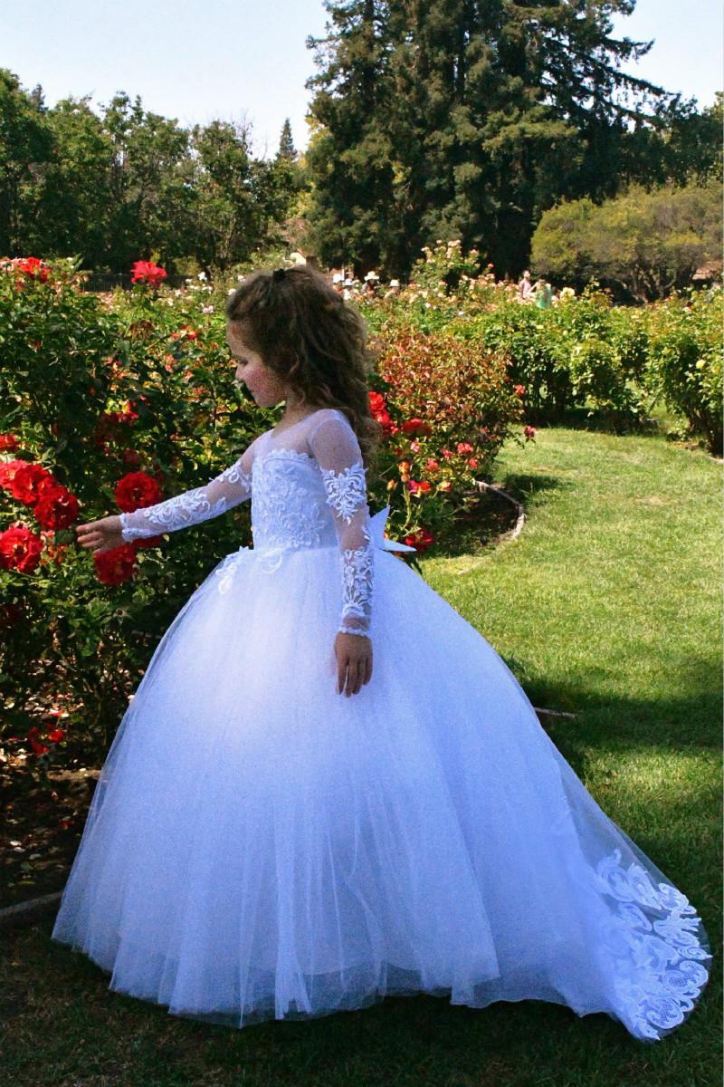 Beautiful Puffy Beaded Flower Girls Dresses With Long Sleeves-BMbride.com