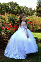 Beautiful Puffy Beaded Flower Girls Dresses With Long Sleeves-BMbride.com