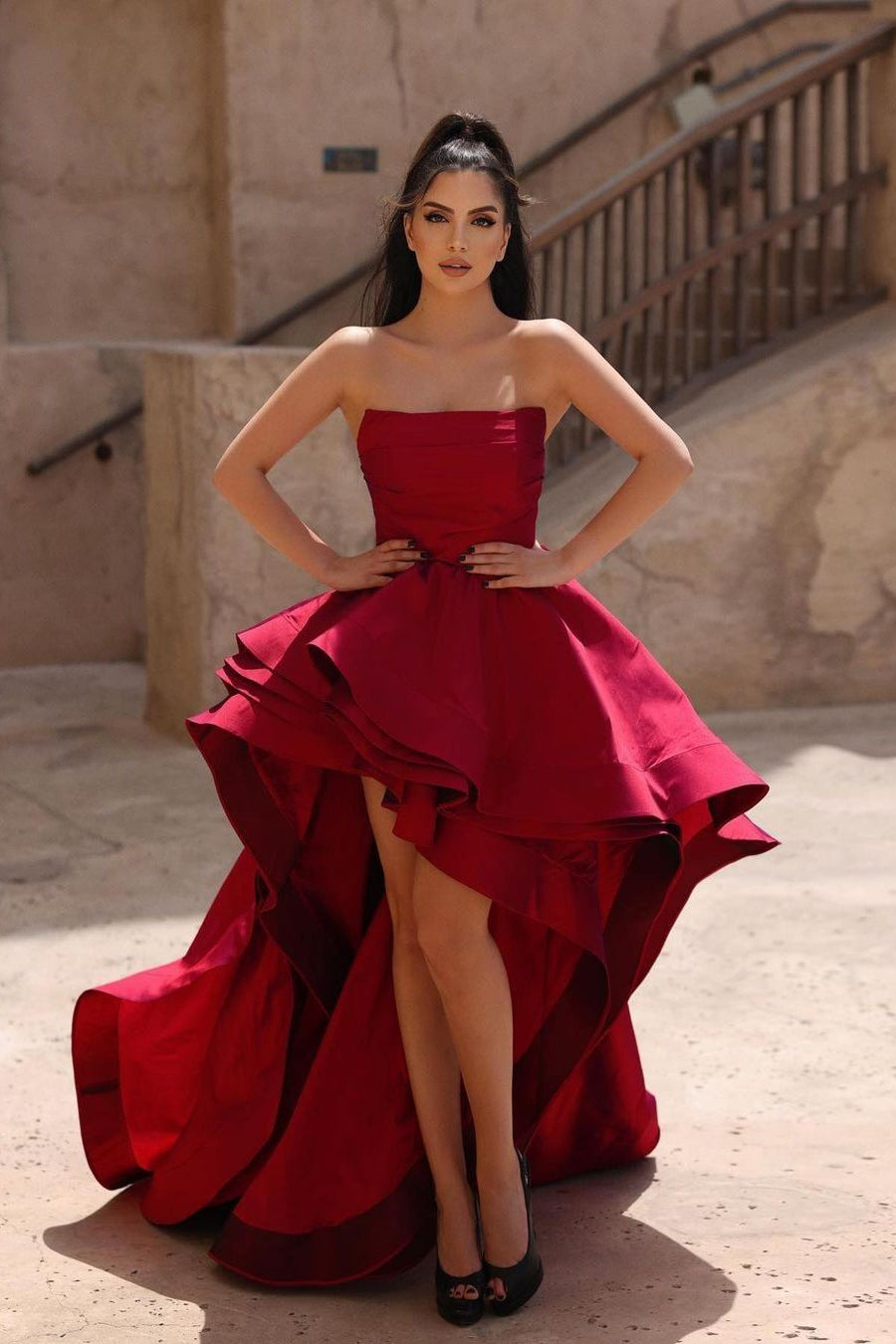 Beautiful Red A-line Sleeveless Ruffles Prom Dress With Train-BMbride.com