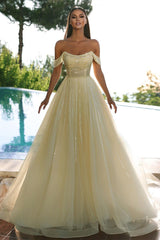 Beautiful Yellow Off-the-shoulder Sequined A-line Prom Dress-BMbride.com