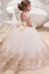 Beige Scoop Neck Sleeveless Ball Gown Flower Girls Dress-BMbride.com