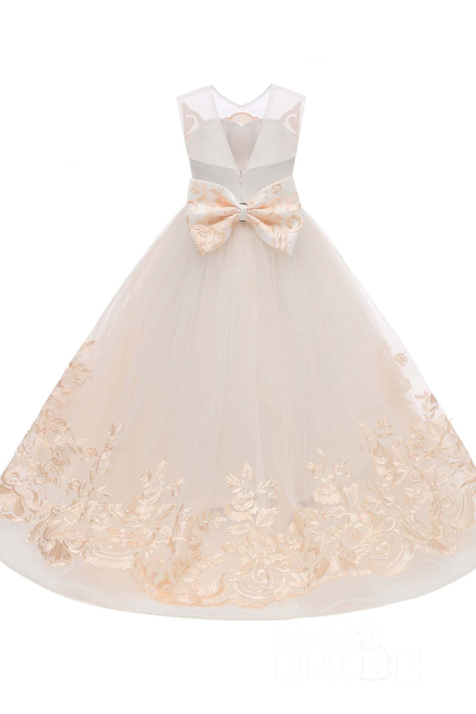 Beige Scoop Neck Sleeveless Ball Gown Flower Girls Dress-BMbride.com