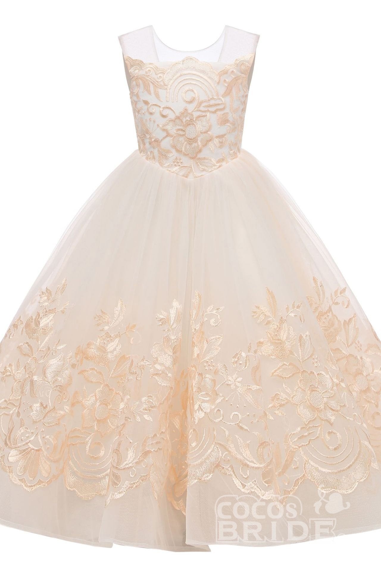 Beige Scoop Neck Sleeveless Ball Gown Flower Girls Dress-BMbride.com