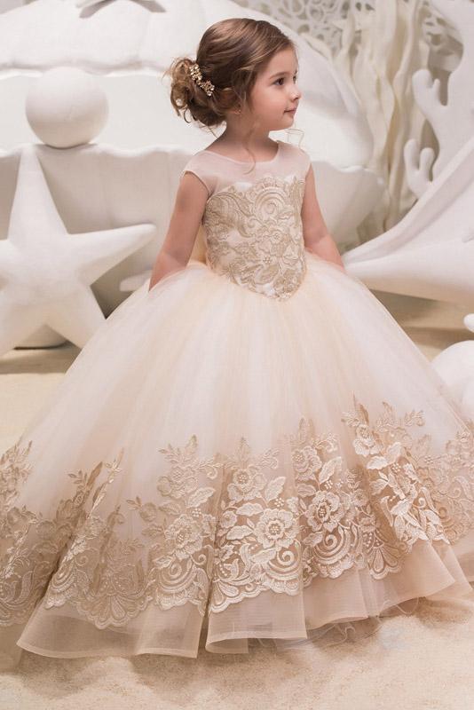 Beige Scoop Neck Sleeveless Ball Gown Flower Girls Dress-BMbride.com