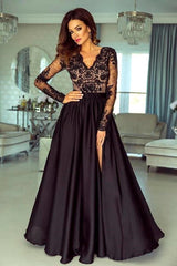 Black Floral Lace Long Sleeves Evening Maxi Dress-BMbride.com