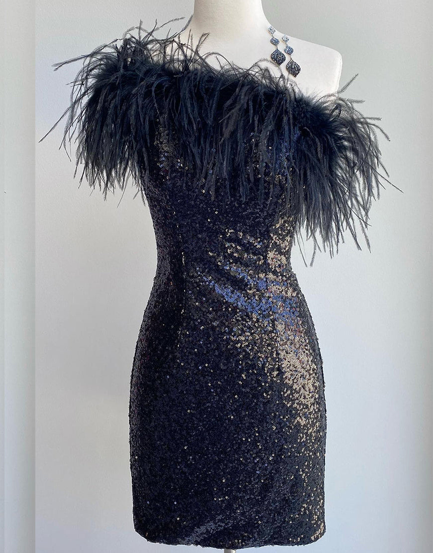 Sequin Sheath Homecoming Dress with Feather Details BM bride