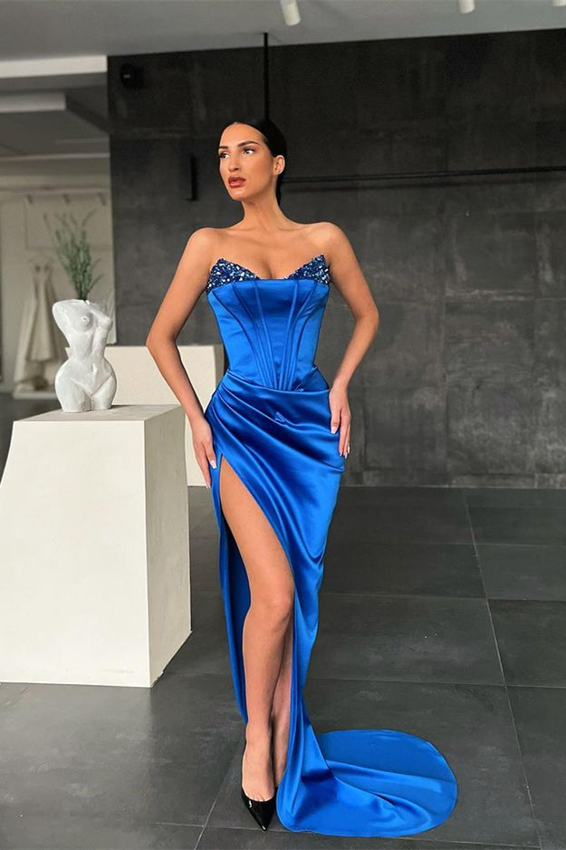 Royal Blue Mermaid Prom Dress with Sequin Split BM bride