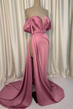 Elegant Pink Evening Dress Charmeuse V-Neck with Pleated Slit BM bride