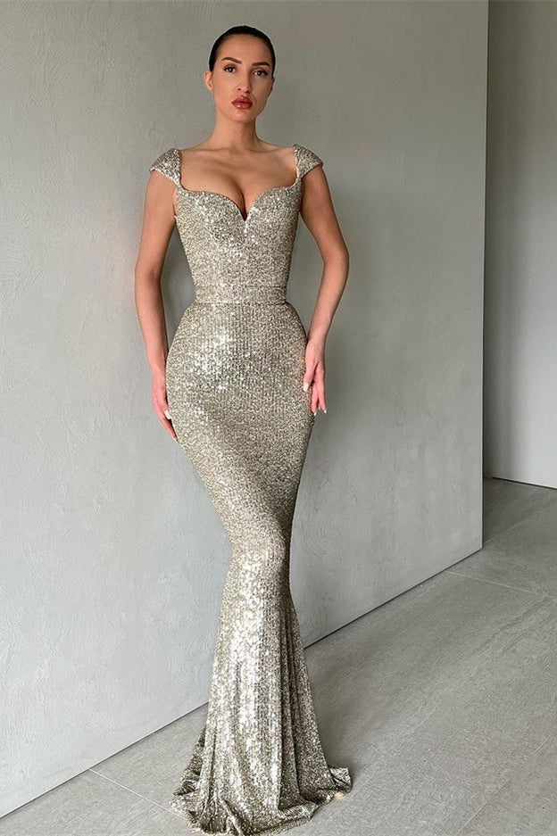 Cap Sleeves Long Sequins Prom Dress Mermaid BM bride