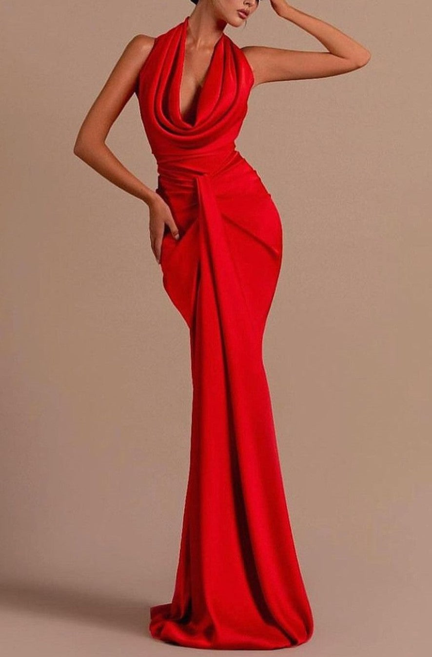 Red Halter Open Back Long Sleeveless Mermaid Prom Dress BM bride