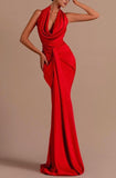 Red Halter Open Back Long Sleeveless Mermaid Prom Dress BM bride