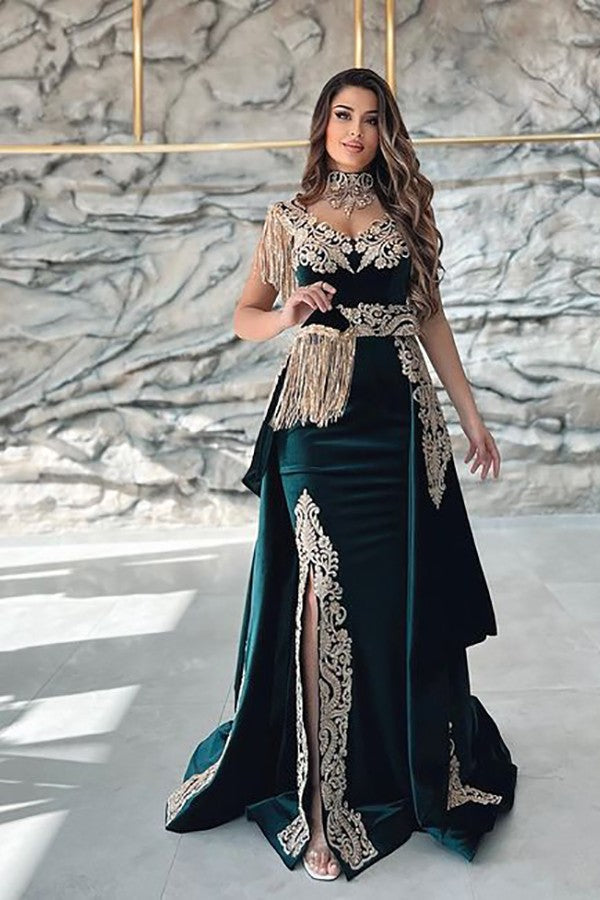 Dark Green Sleeveless V-Neck Mermaid Evening Dress with Applique Split and Detachable Skirt BM bride