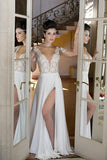 Long Sleeve Chiffon Wedding Dress with Slit BM bride