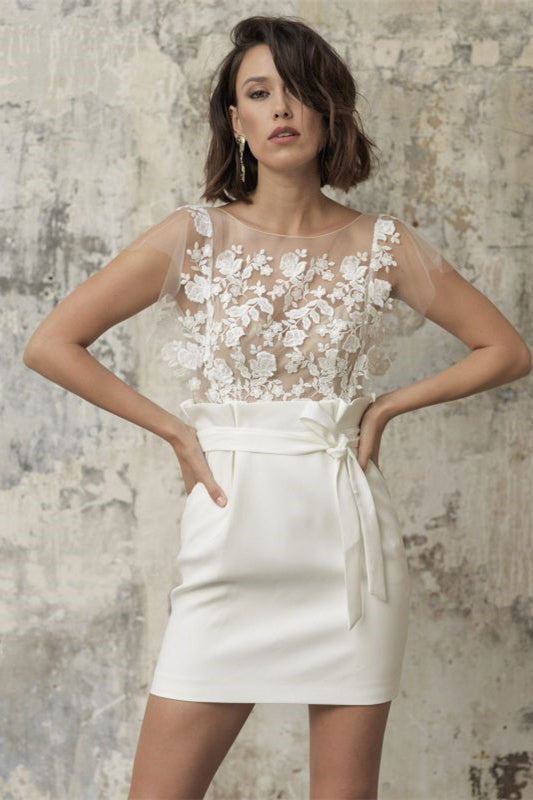 Bateau Neck Short Applique Wedding Dress with Belt and Pockets BM bride