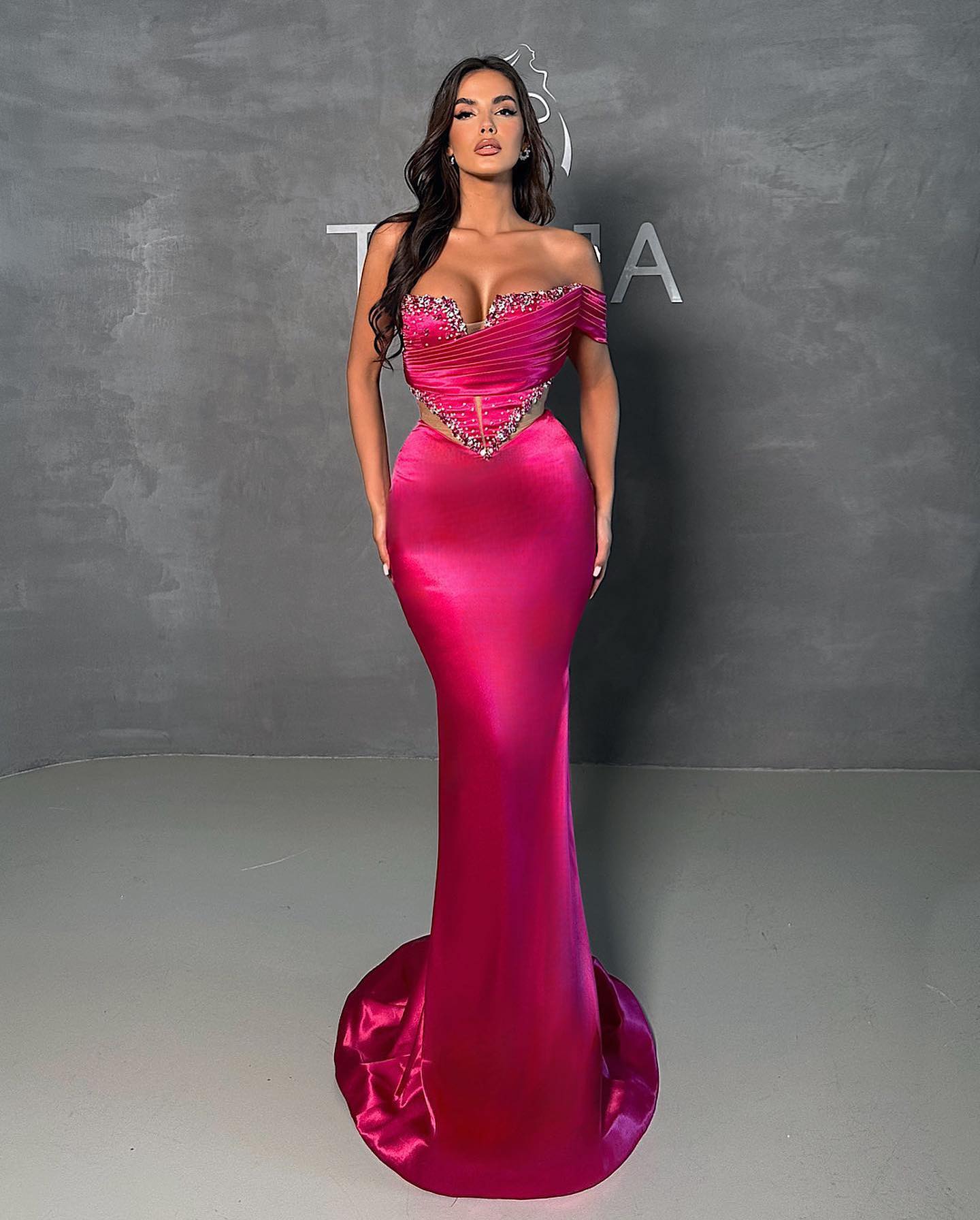 Fuchsia Sexy Mermaid Prom Dress V-Neck with Beads Sequins BM bride