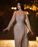 Elegant Champagne Half Sleeves Prom Dress with Trail and Slit BM bride