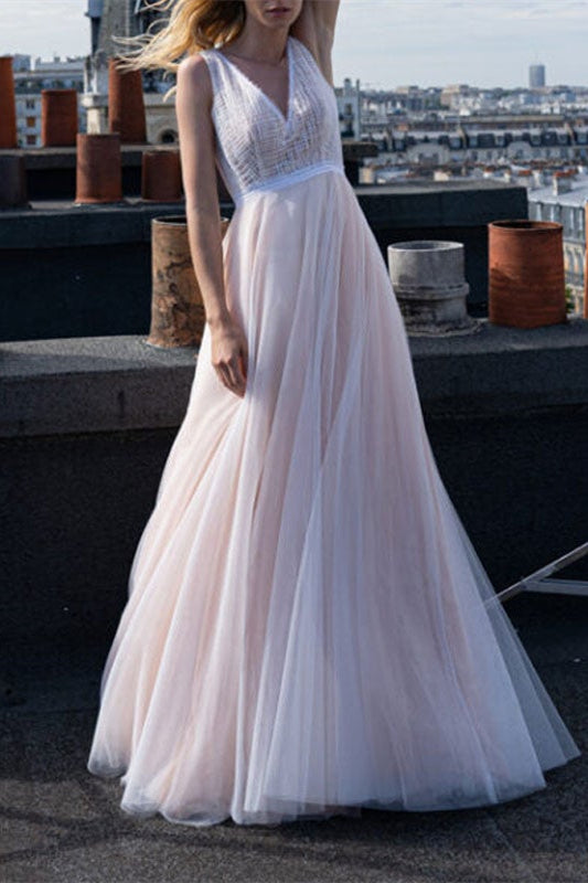 V-Neck Sleeveless Tulle Beach Wedding Dress BM bride