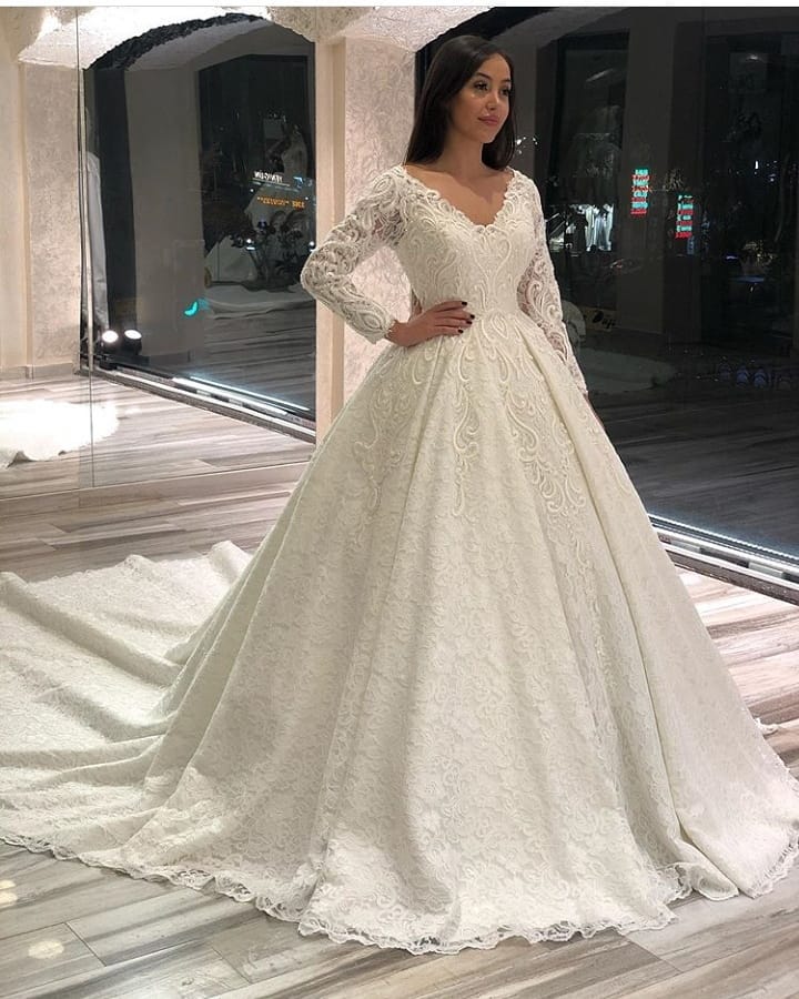 Elegant A-Line Deep V-Neck Long Sleeve Floor-Length Wedding Dress with Lace Appliques BM bride