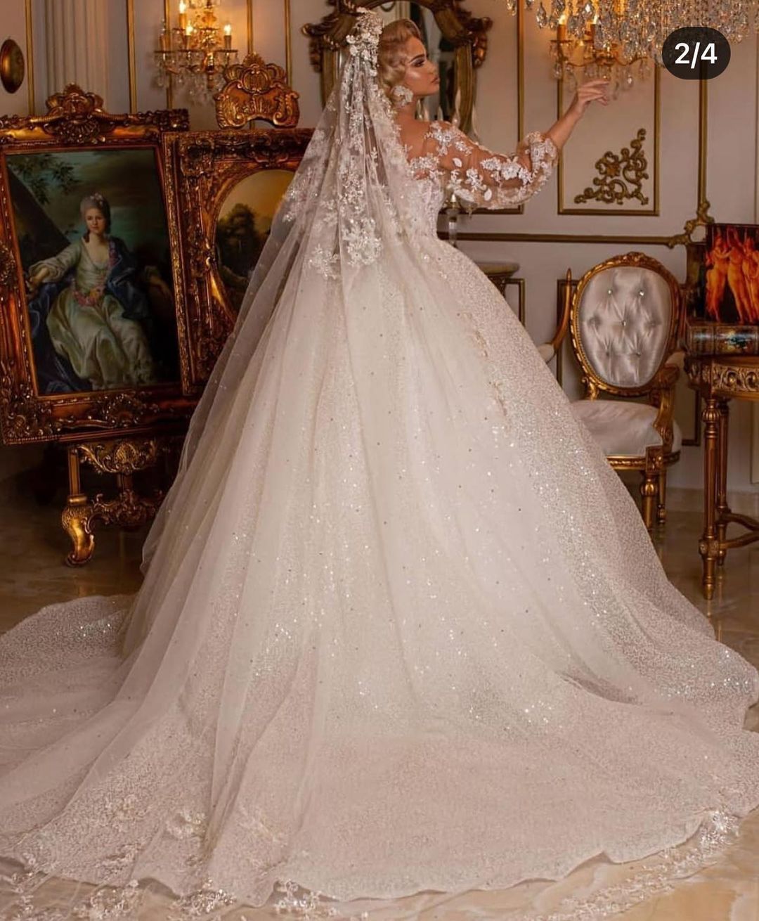 Luxury Long Ball Gown with Puffy Sleeves and Appliques BM bride