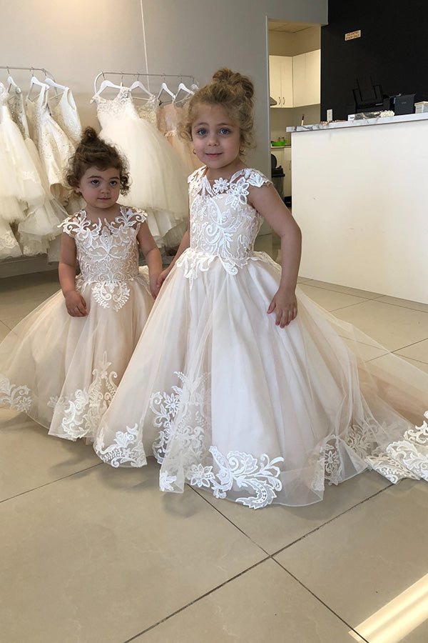 Cap Sleeves Appliques Flower Girl Dress-BMbride.com