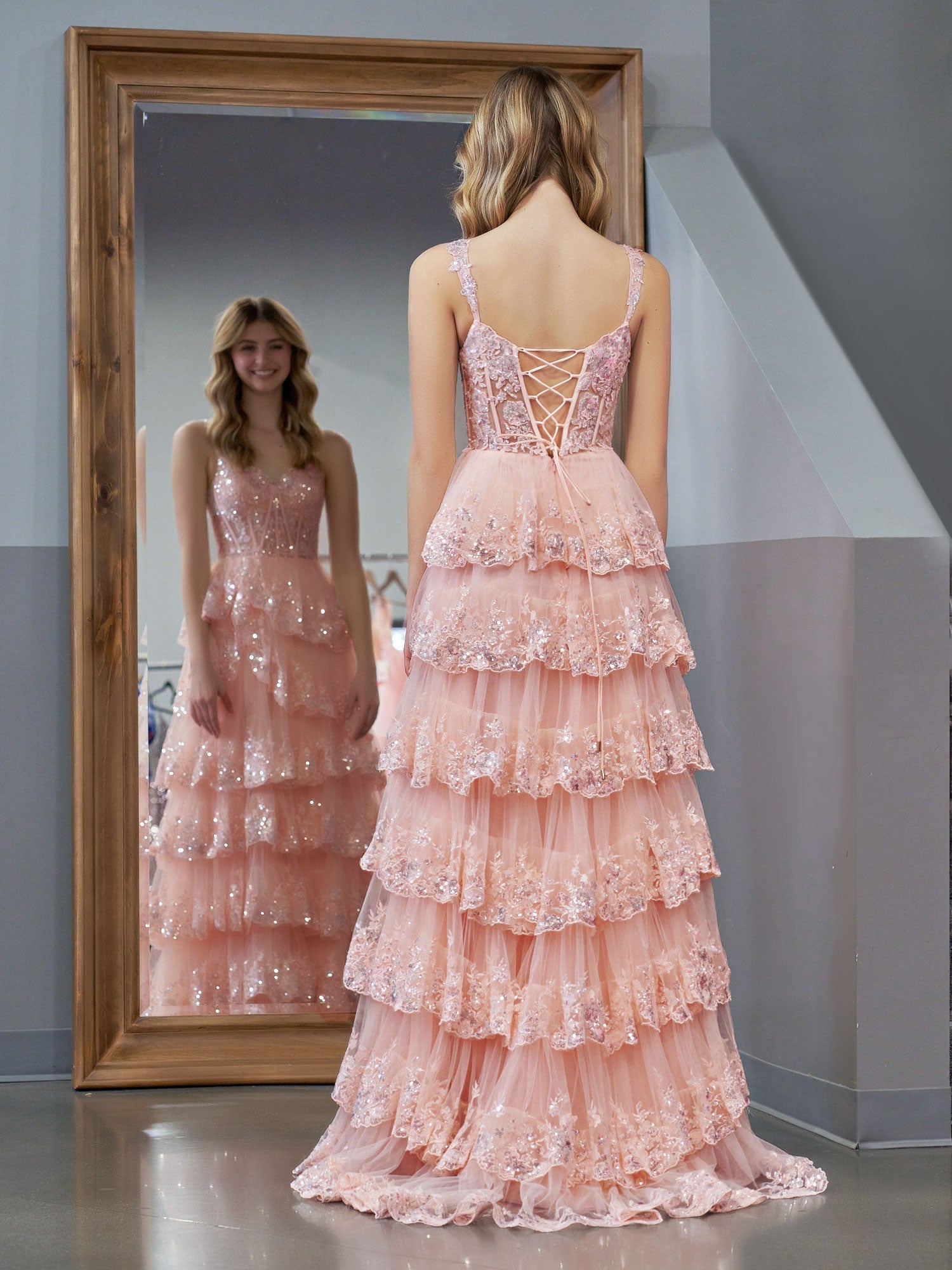 Pink Off-the-Shoulder A-Line Corset Prom Dress with Lace and Ruffles BM bride