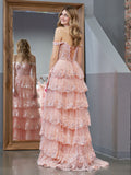 Pink Off-the-Shoulder A-Line Corset Prom Dress with Lace and Ruffles BM bride