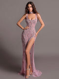 Luxurious Formal Evening Dress with Square Beaded Embroidery and Slit BM bride