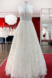 Beautiful Long Wedding Dress With A-Line Appliques Tulle Lace Open Back Design BM bride