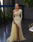 Yellow One Shoulder Sleeveless Beads High Slit Prom Dress BM bride